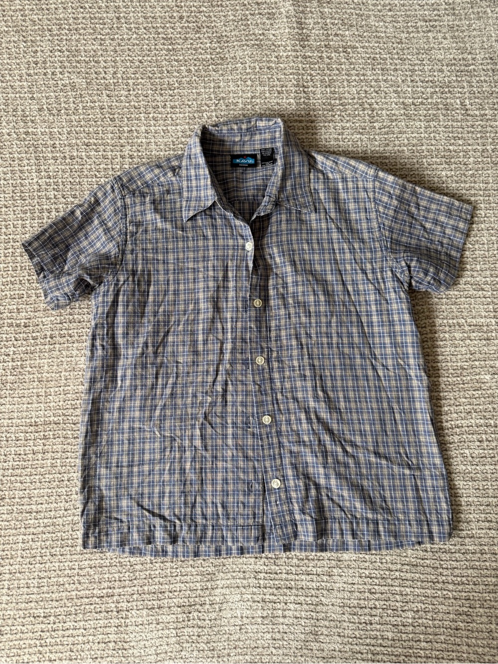 Kavu Blue and Tan Plaid Short Sleeve Button-Down Shirt
